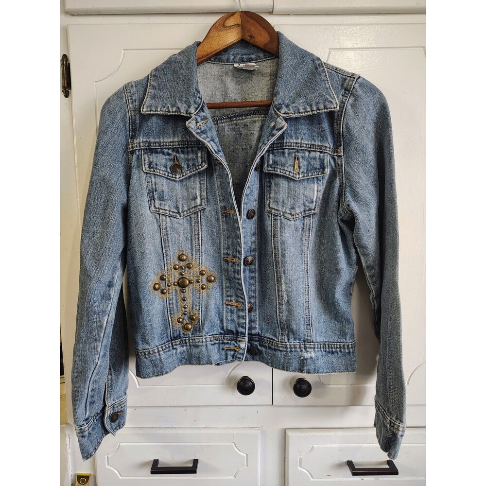Ivy Jane Womens Distressed Blue Denim Jean Jacket Studded Embroidered Size Small